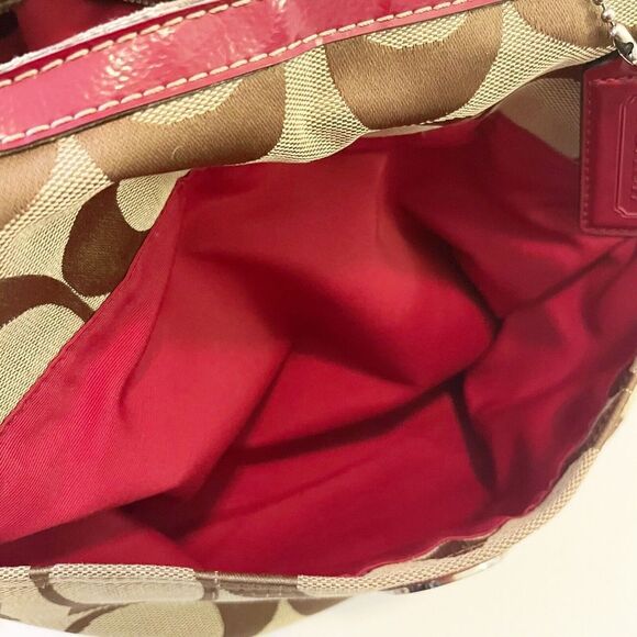 Coach Khaki Signature Cherry Red Tote Bag Handbag Weekender F17443 Patent Large - Picture 12 of 16
